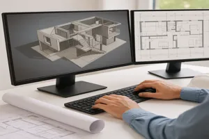 Technical schematics and blueprints displayed on digital screens in an architectural planning environment