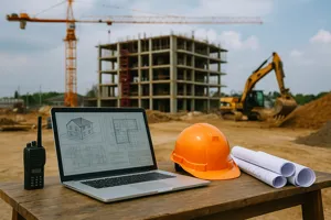 Construction workers using tablets at a job site with high-rise scaffolding and data overlays