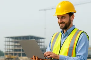 Contractor reviewing project schedules on a laptop with building plans and communication devices