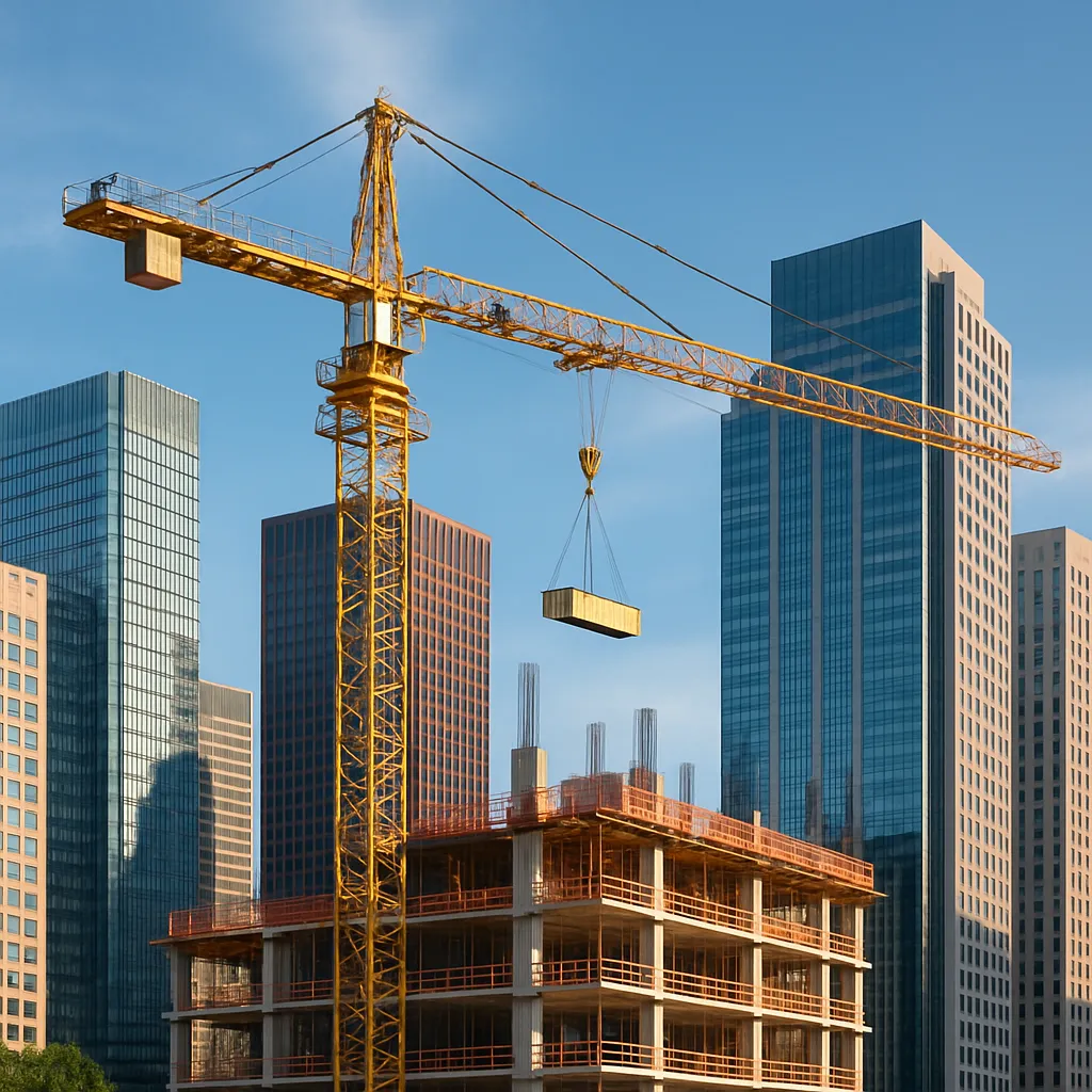 Modern city skyline showing a crane that is lifting materials during building construction.