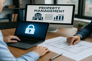 Property managers sitting at a desk and working on computers while reviewing floor plans.