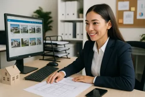 Real estate professional reviewing listings and customer data on office computer systems