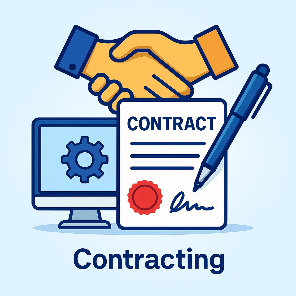 Illustration showing contract, handshake, and pen for IT contracting services