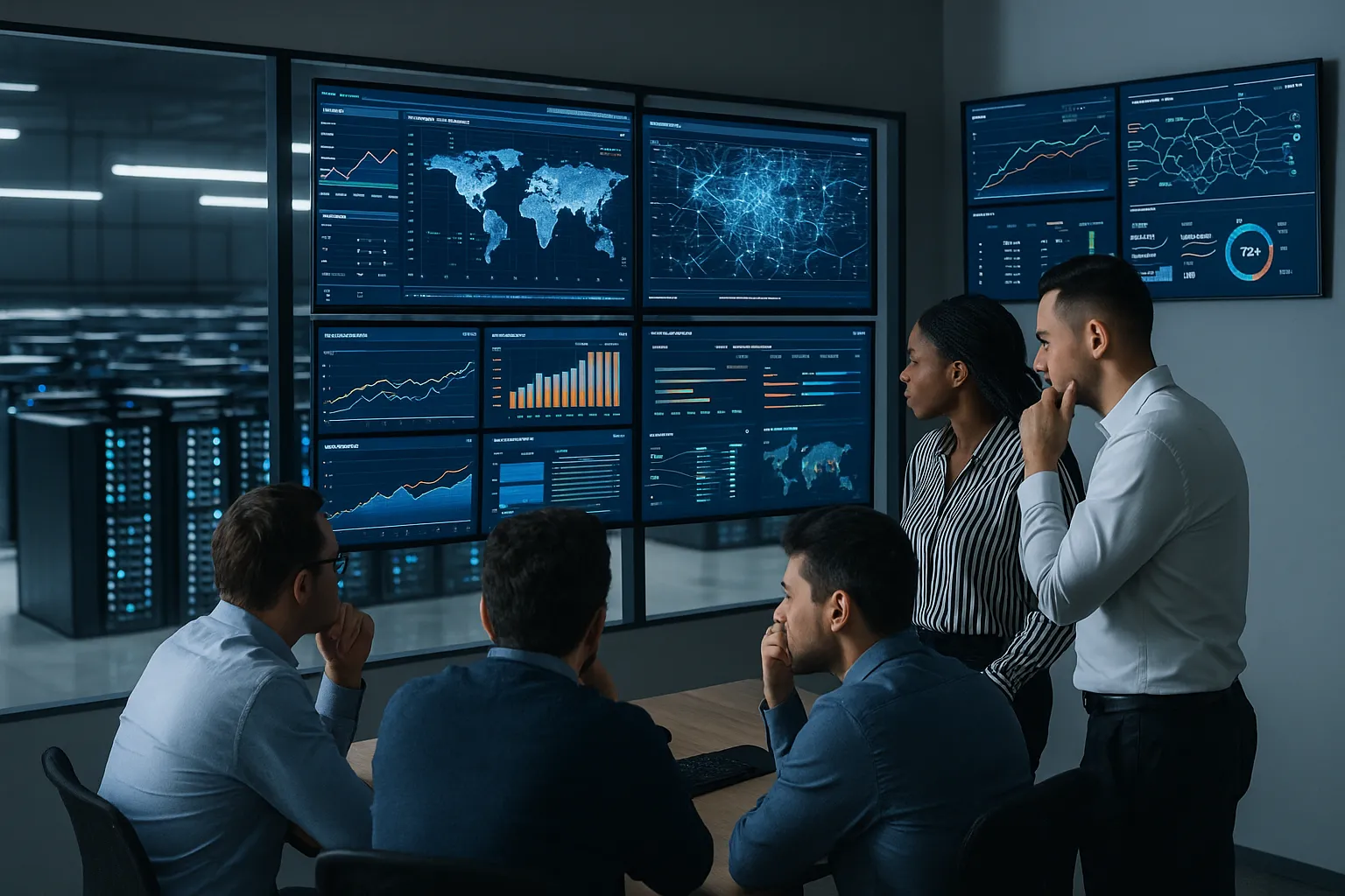 A data center team looking a statistics and trying to solve a problem.
