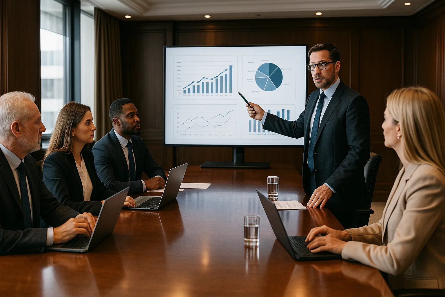 A team of executives meeting in a boardroom reviewing data governance reports.