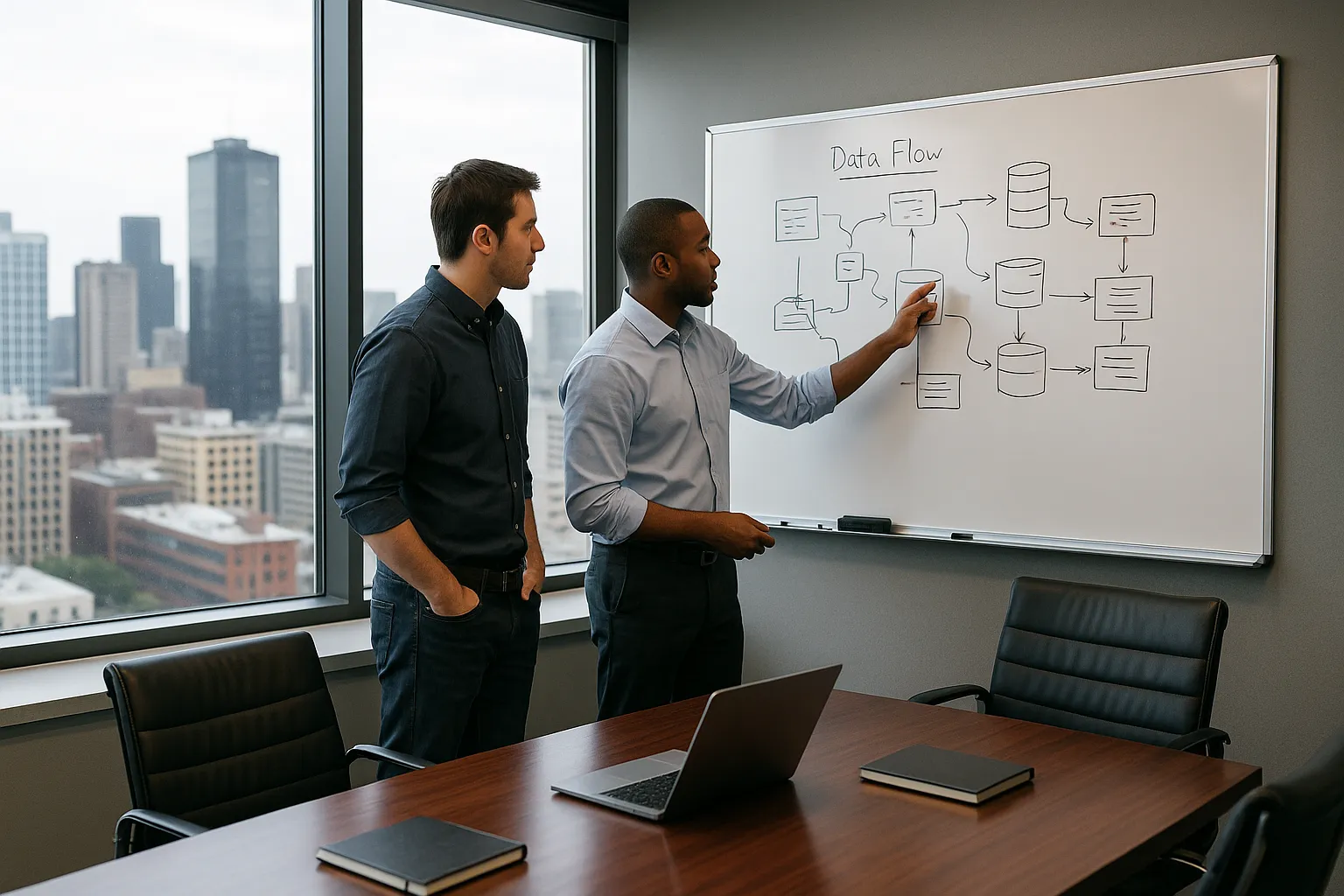 Two Data Architects working on data integration plans in a conference room in the city.