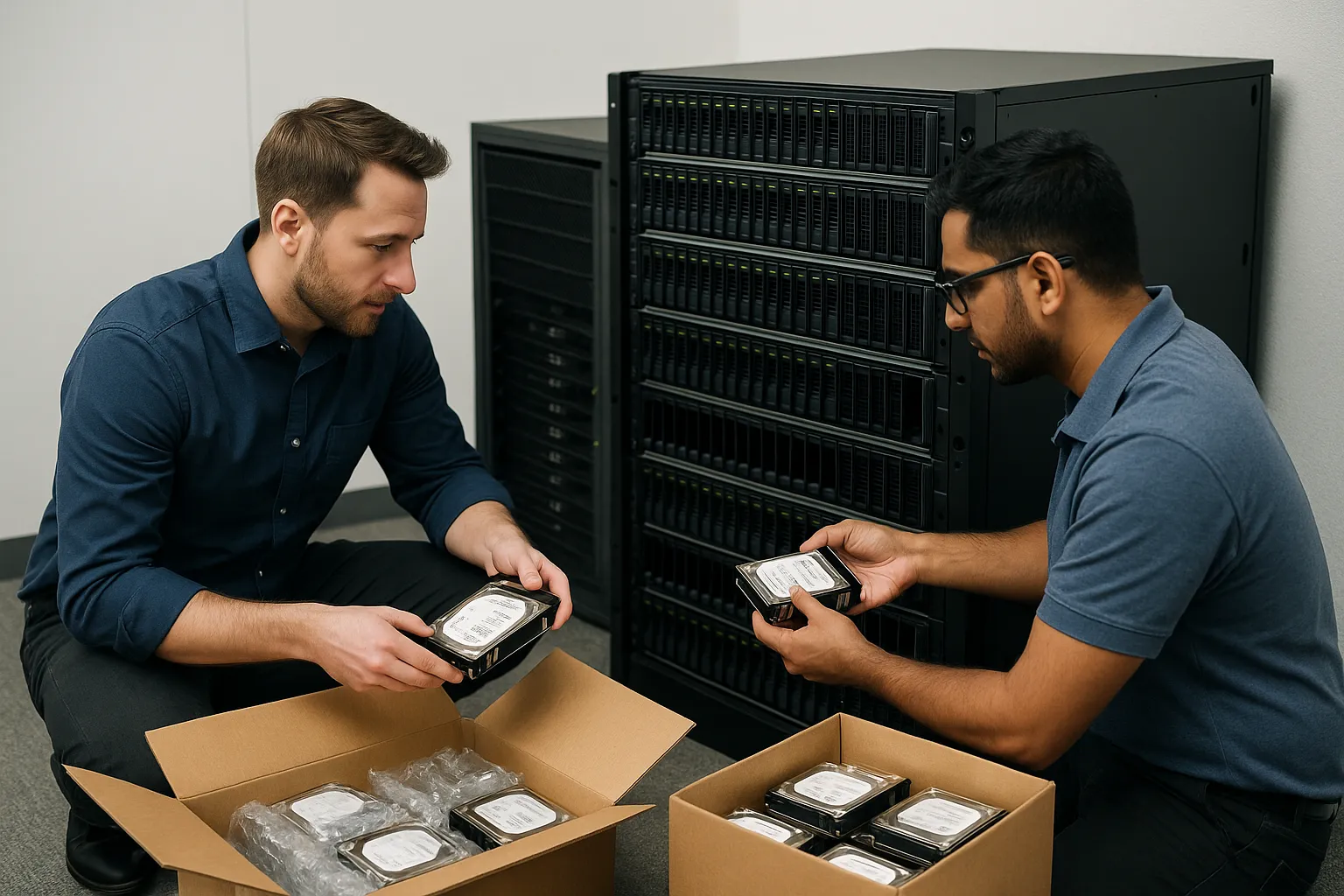 Two technicians installing storage in a SAN device.
