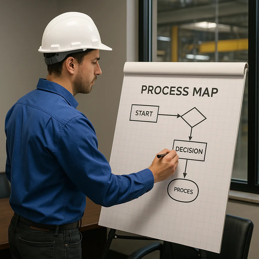 A worker in an industrial meeting room, process mapping for a client.