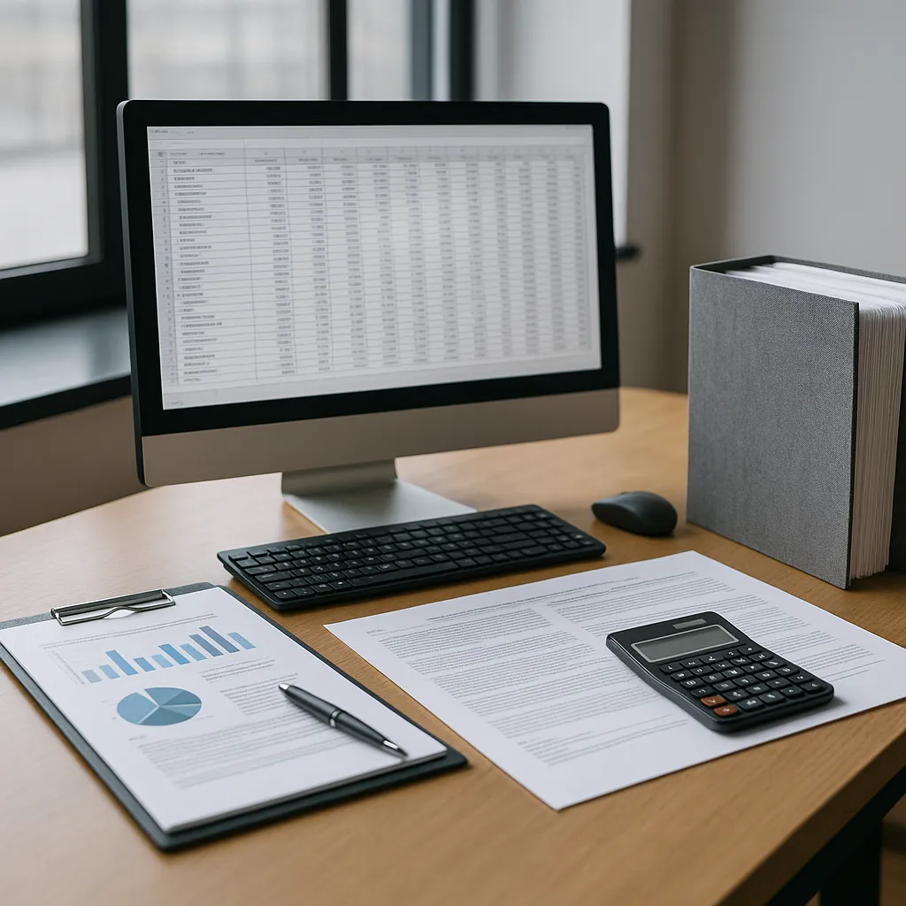 Desk with financial documents and spreadsheet on screen