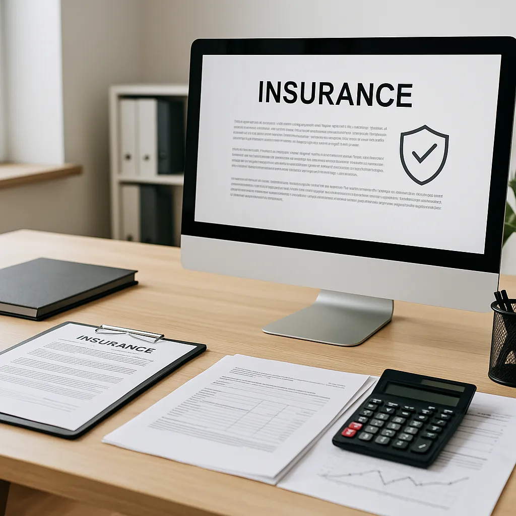 Insurance agency desk with policy documents and secure systems