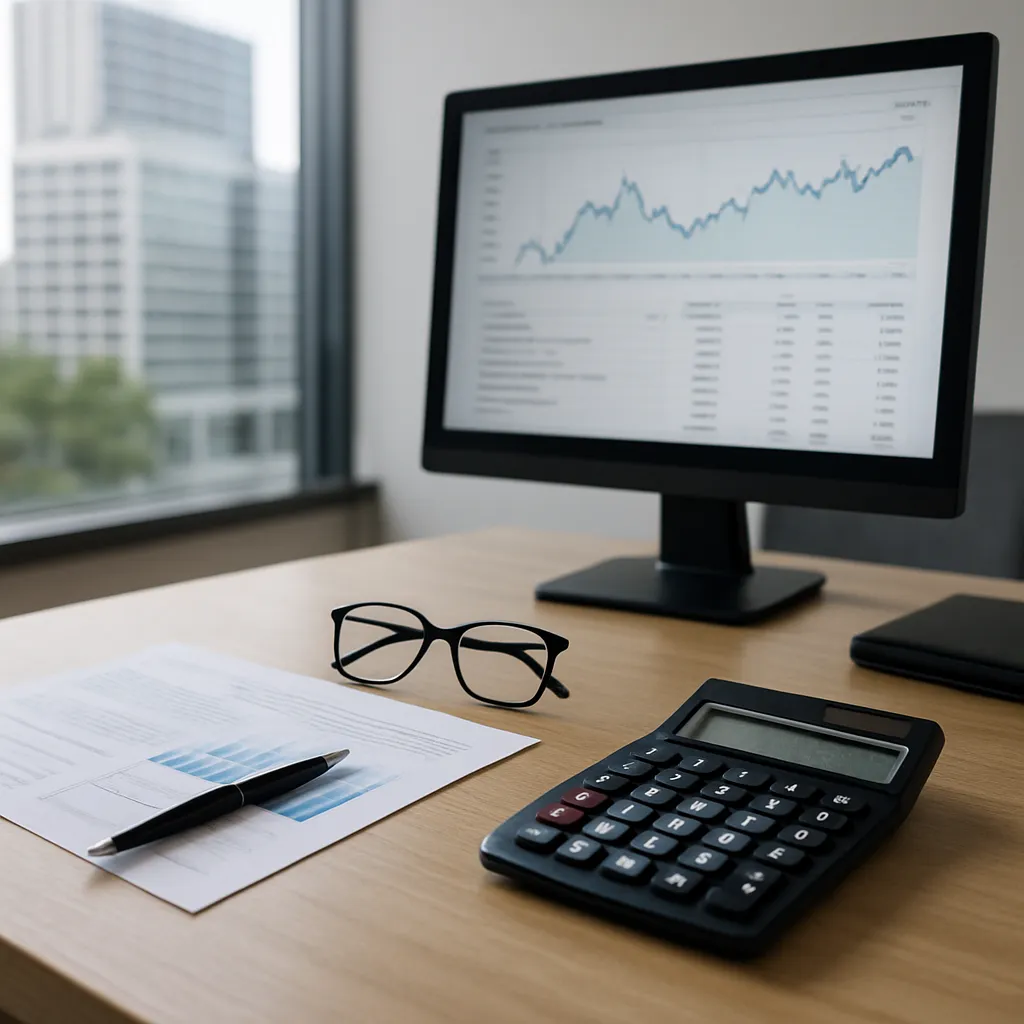 Workstation with financial reports and charts on screen