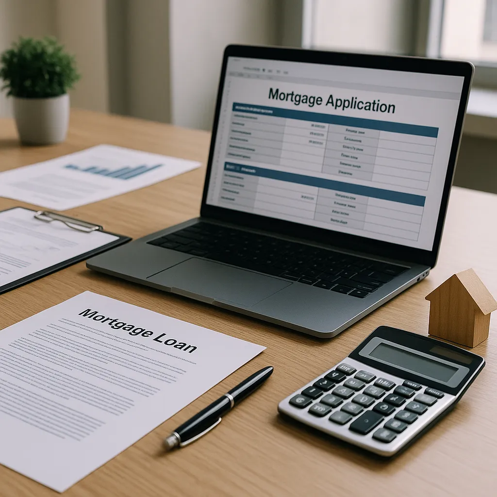 Desk with mortgage documents and secure systems