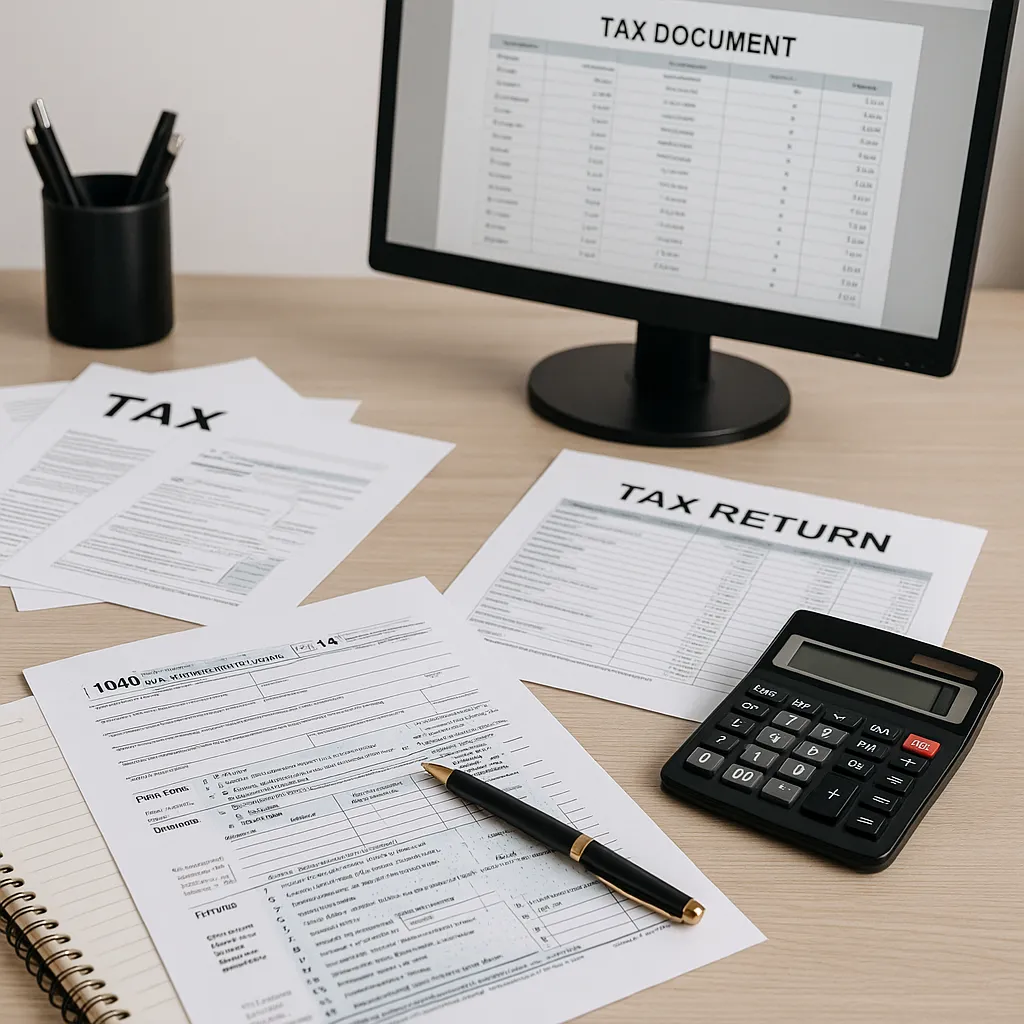Desk with tax documents and spreadsheet on screen