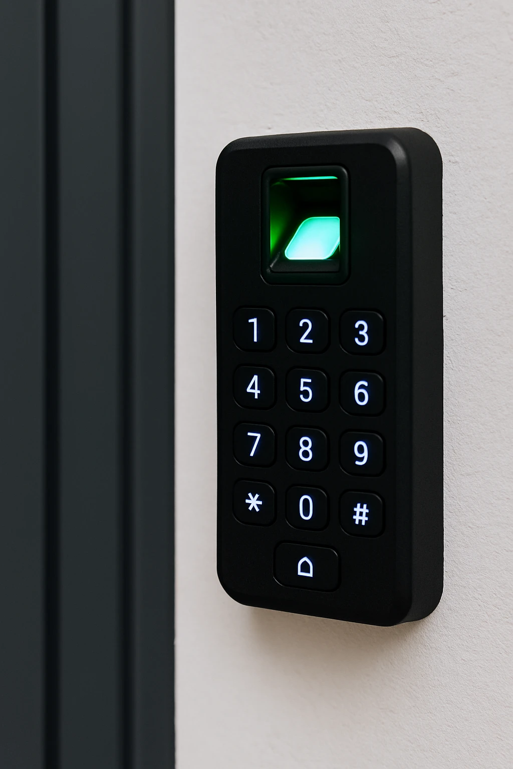 Modern keypad with biometric scanner mounted beside a secure door.