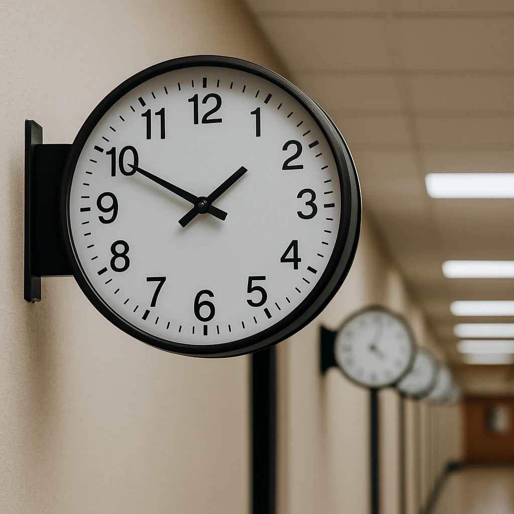 Synchronized clock system mounted in a commercial hallway