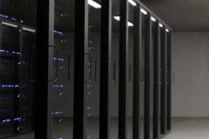 Image of data center server racks lined up in a row.
