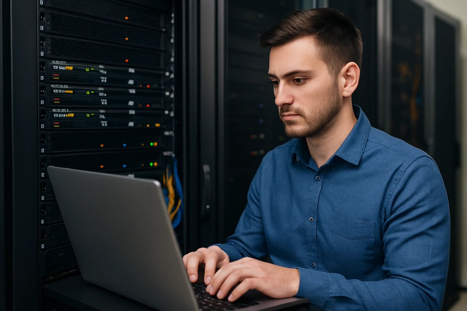Database administrator working on SQL server from laptop