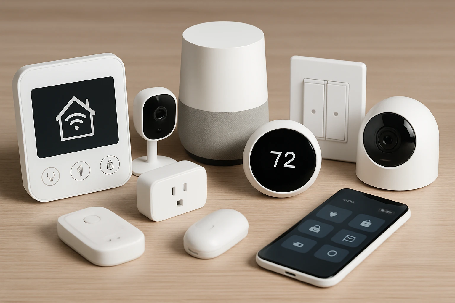 Assortment of smart home and office automation devices including thermostat, camera, plugs, and a phone controller.