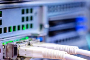 Photo of enterprise networking switch with installed GBIC modules for IT infrastructure setup.