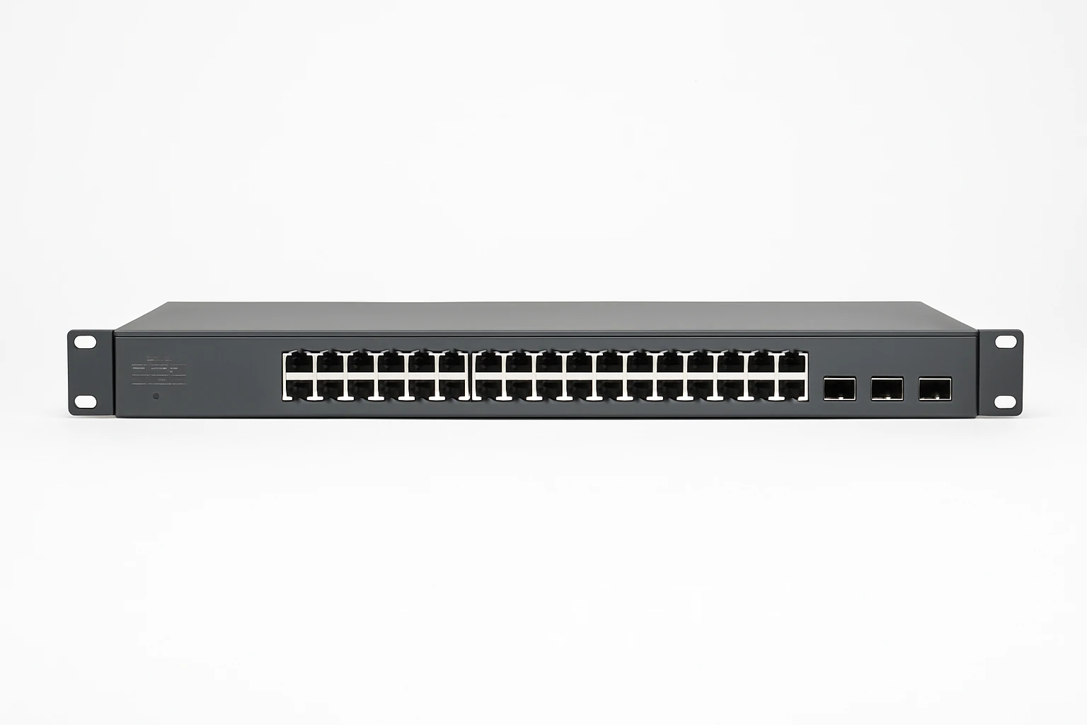 Close-up of blue Ethernet cables connected to a managed network switch in a server rack.