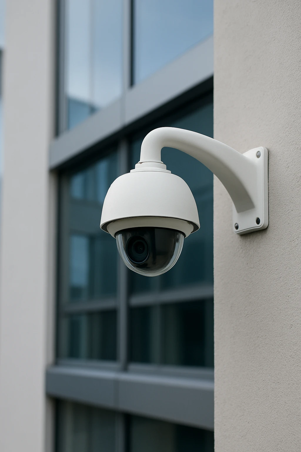 Security camera installed on a commercial building exterior