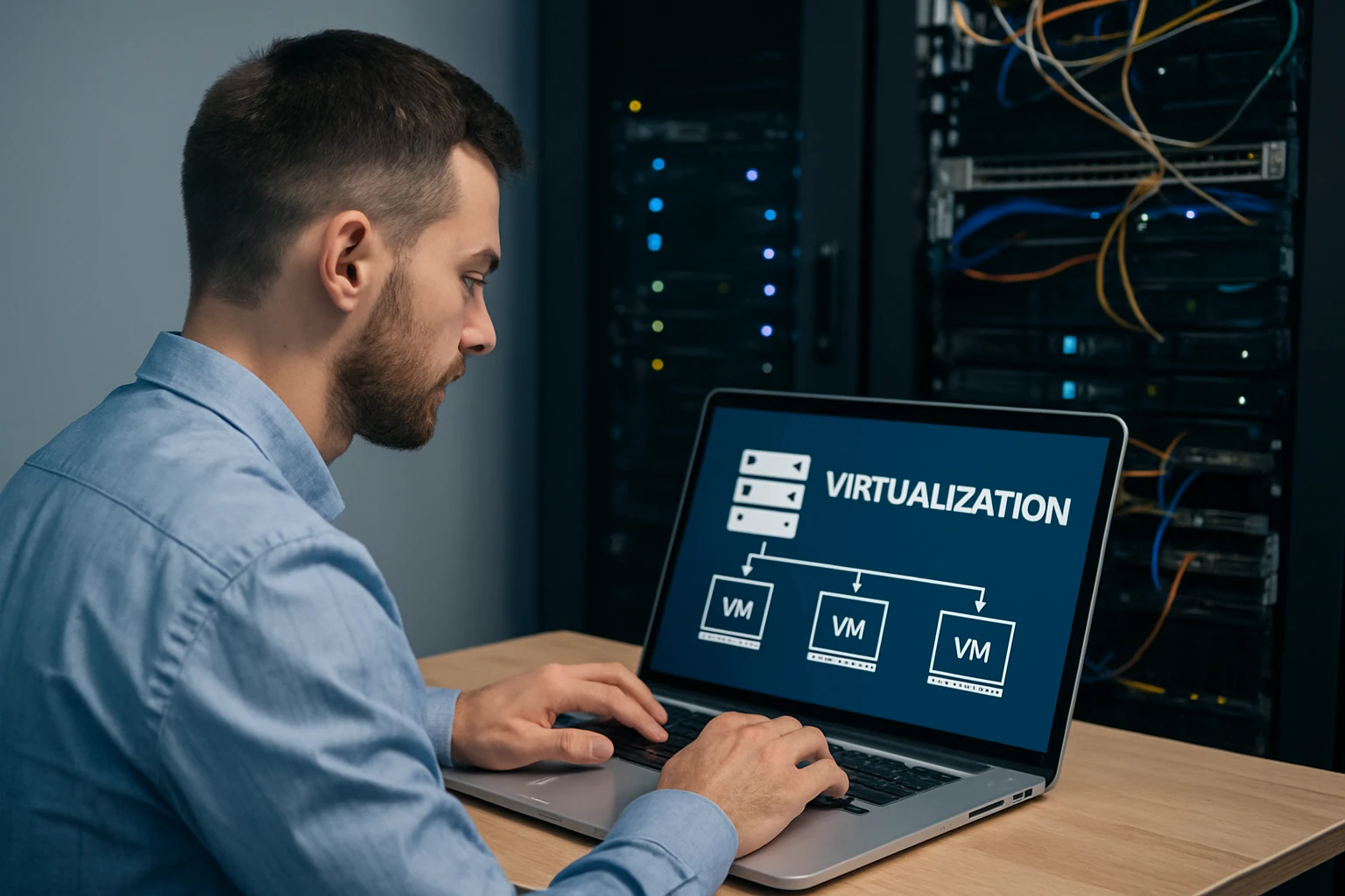 IT technician managing virtual machines in a data center
