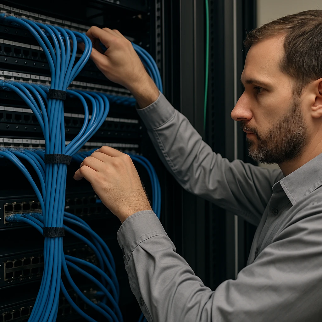 Technician installing structured cabling for a business network
