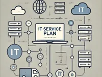 An image reflecting a diagram that represents various technology items such as network devices, cloud, logistics with a laptop diplaying an IT service plan. 
