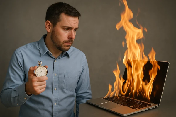 Picture of a man watching his laptop burn and needing urgent service.
