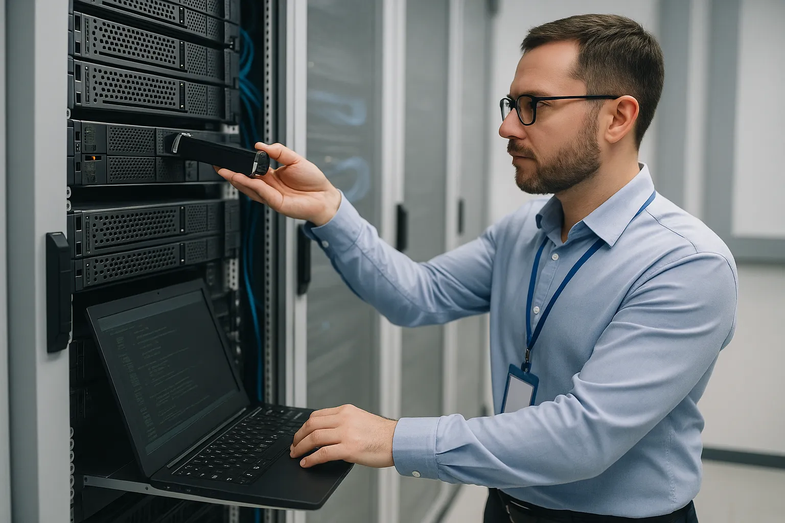 An IT professional managing server installation