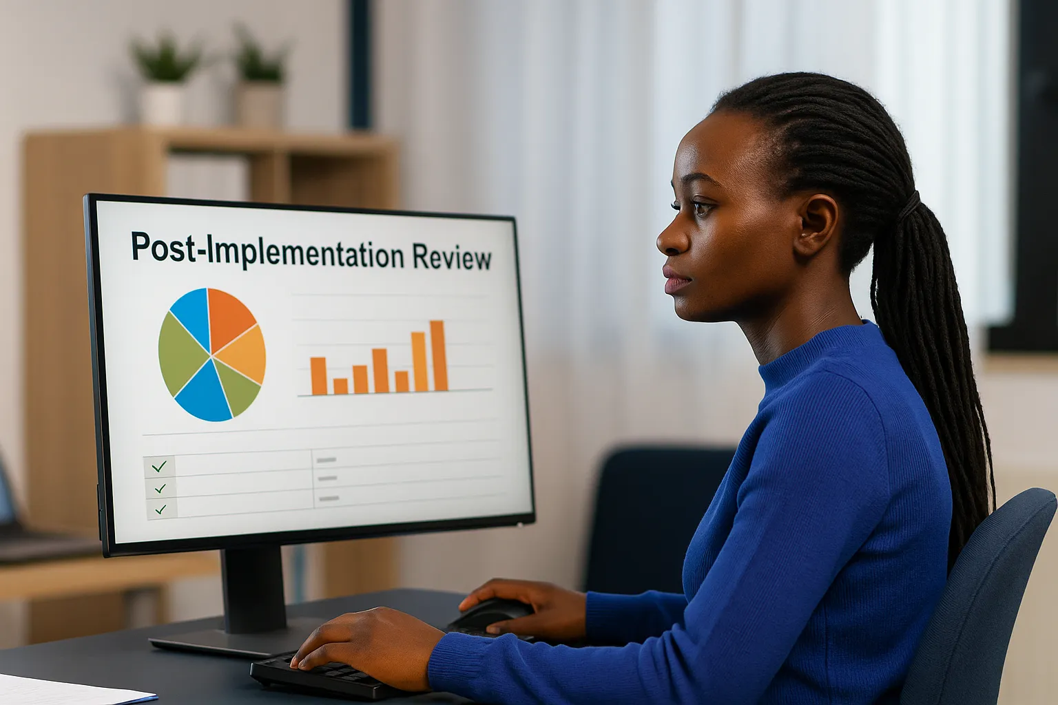Woman reviewing post-implementation data on screen