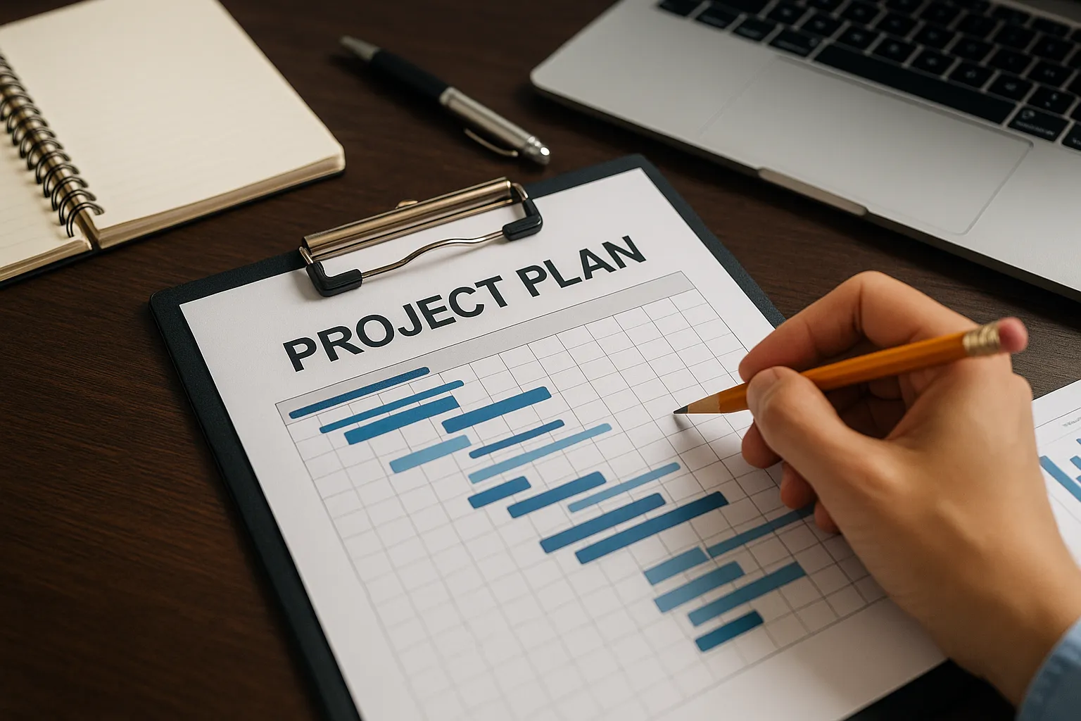 A high-resolution image of a Gantt chart and laptop representing planning.