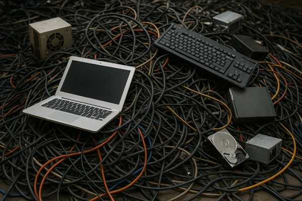 A pile of wires and old computer parts