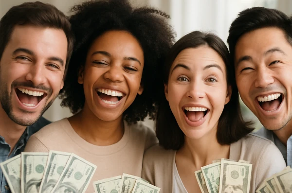 Happy people holding money from referrals.