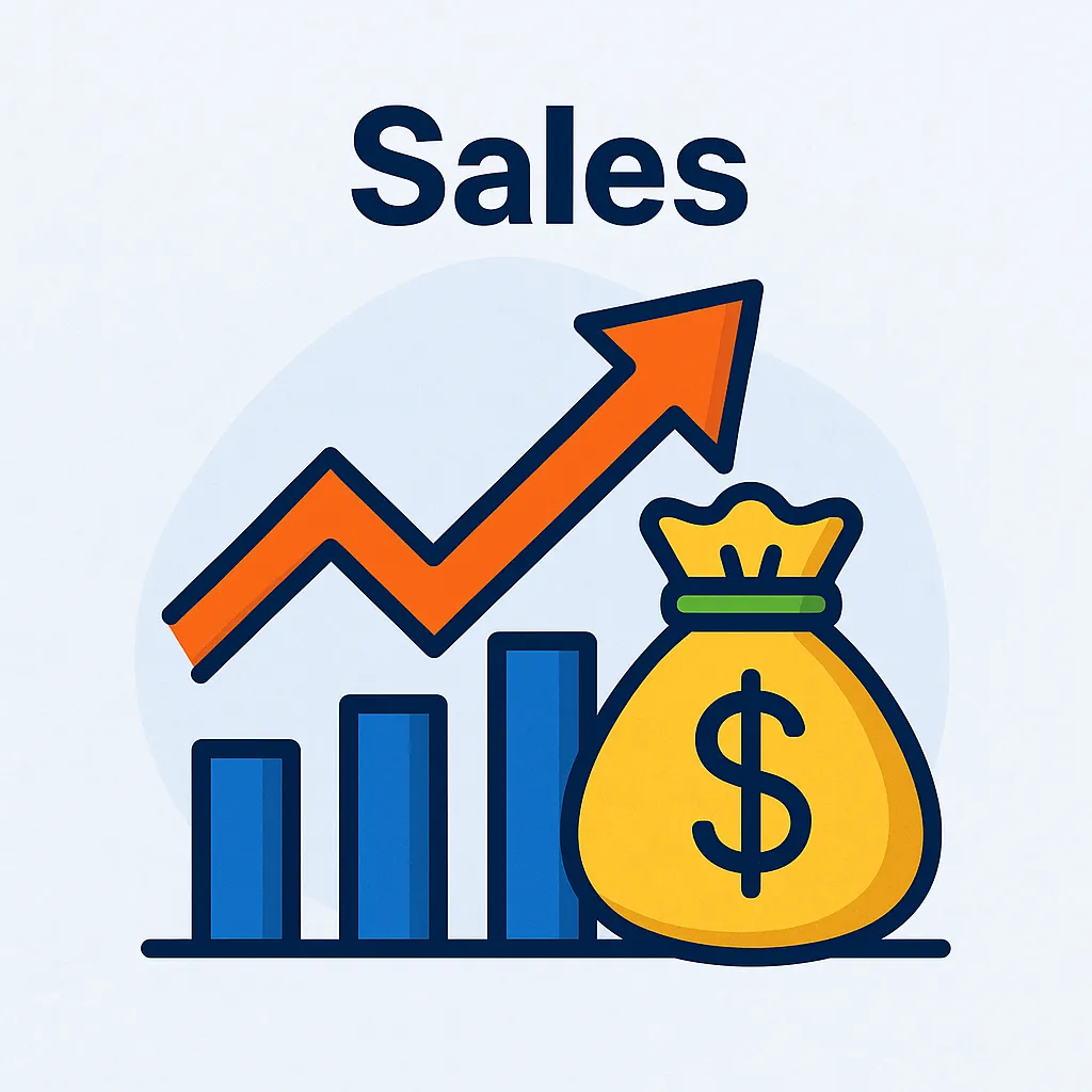 Illustration of bar chart, arrow, and money bag representing IT sales growth