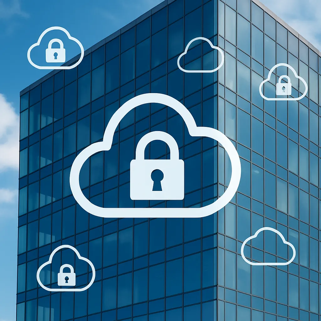 Image showing cloud icons with locks over a modern building.