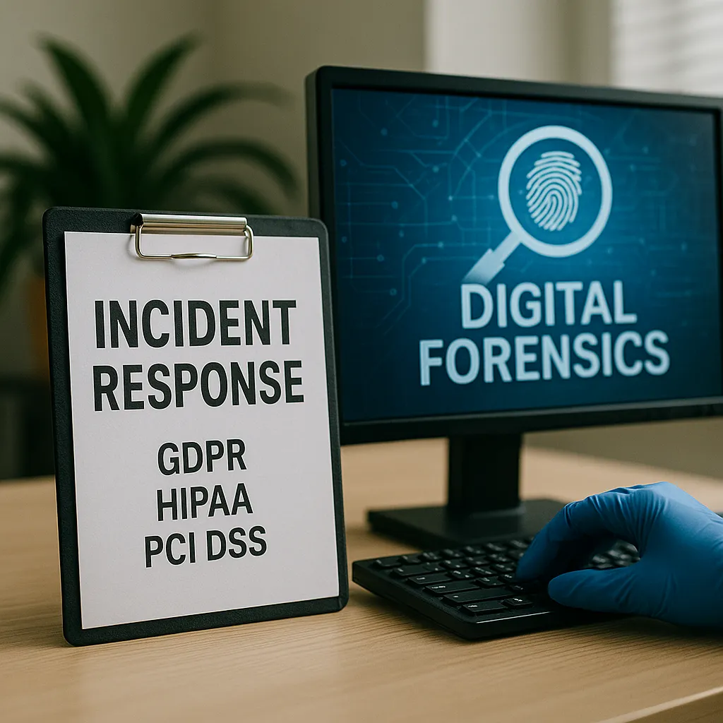 Image showing a monitor with forensics on it and a paper with incident reponse.