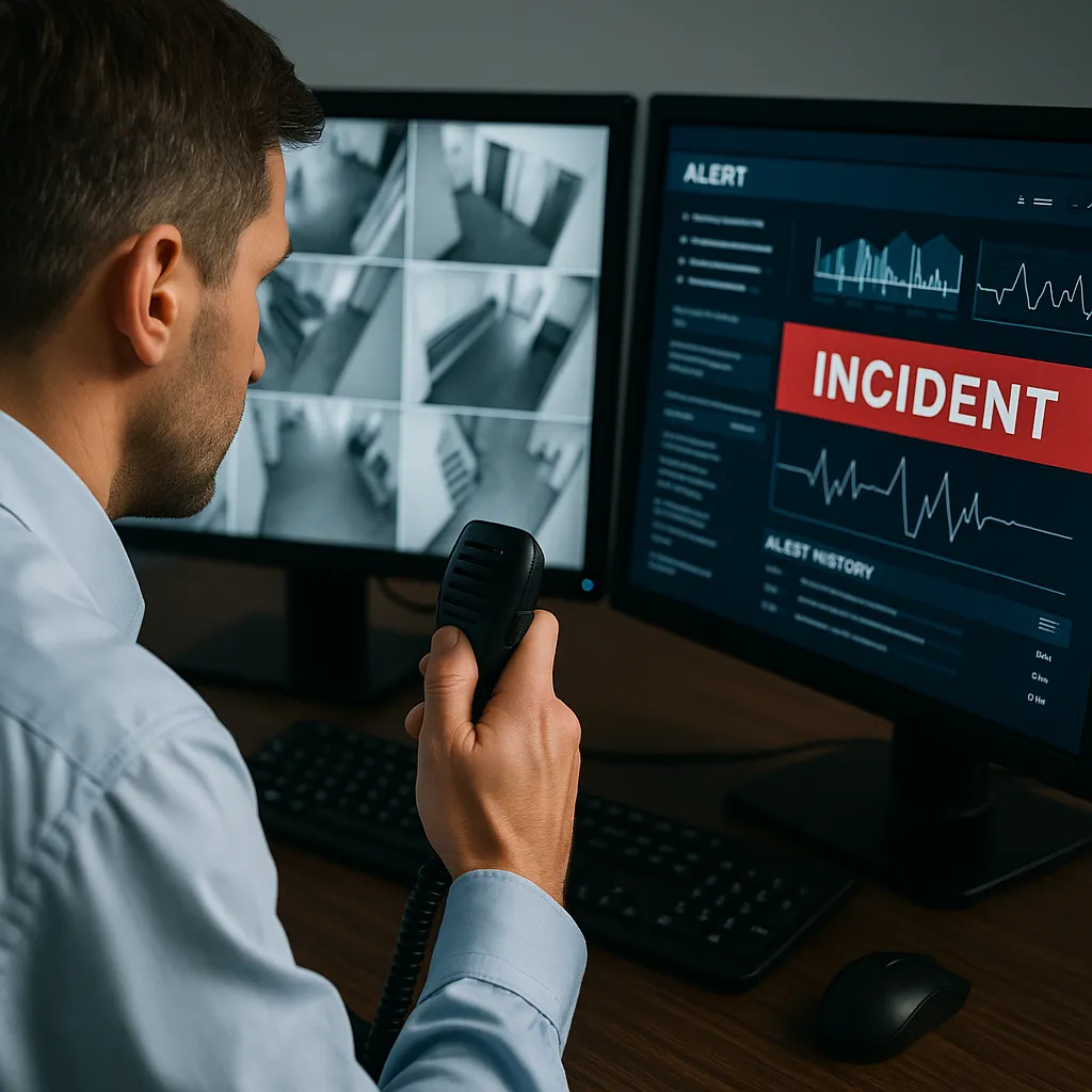 Image reflecting a security agent looking at a surveillance screen.