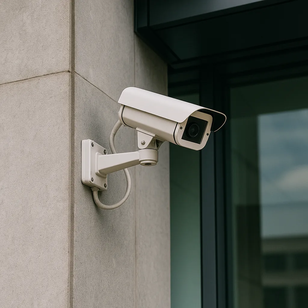 A picture of a security camera mounted on the side of a building.