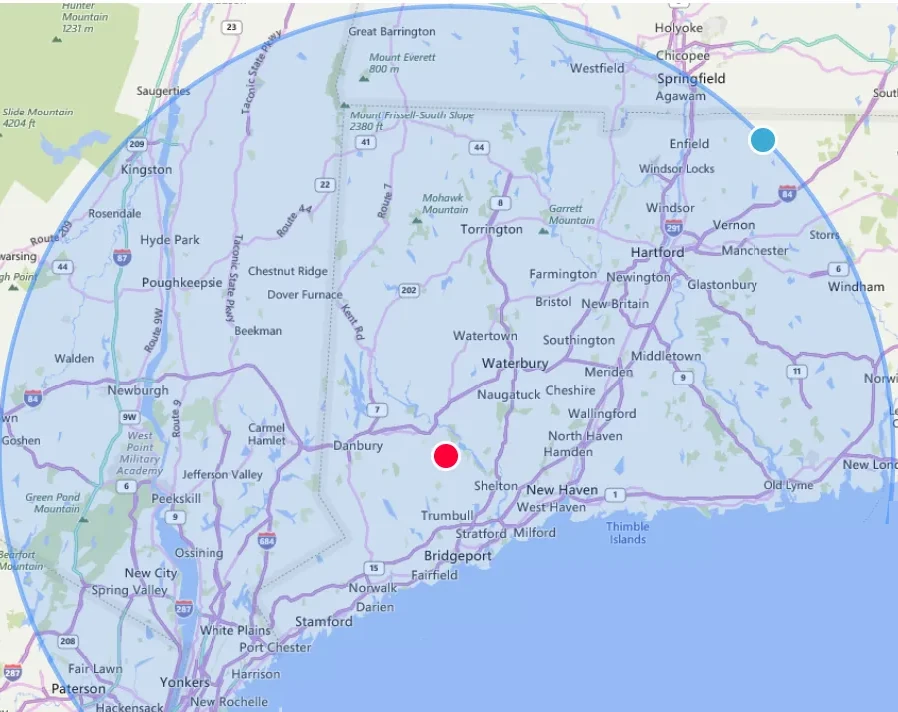 A map of the primary areas we service with a blue circle for focus.